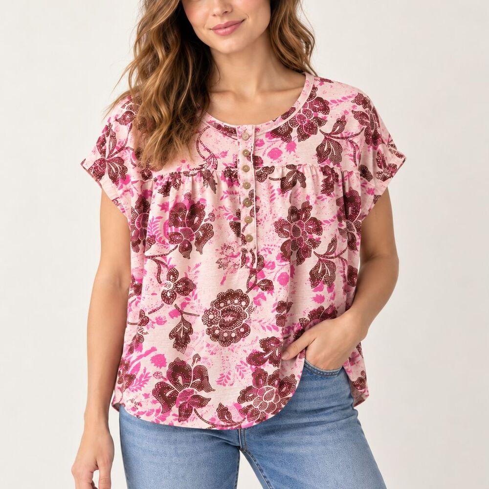 Anthropologie PILCRO Pink Floral Ruched Henley Oversized Cotton Top XS